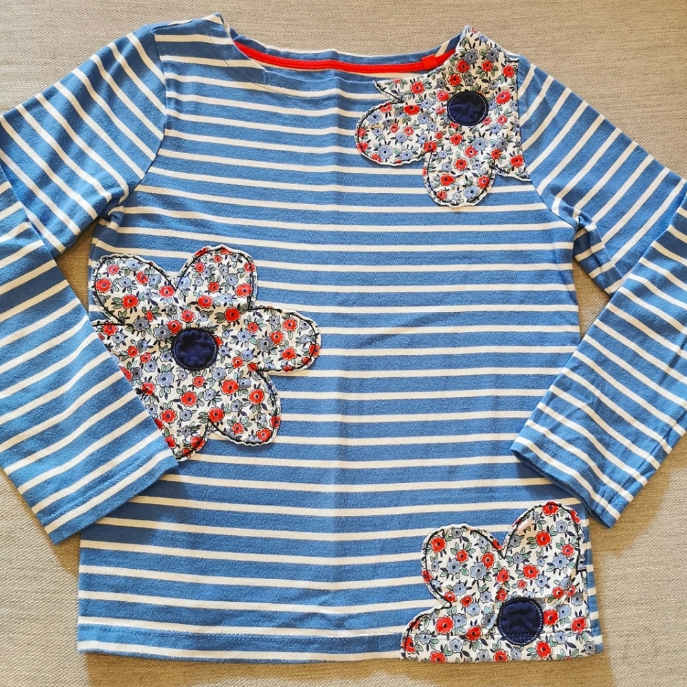 Mini Boden flower appliques blue stripe long sleeve top 7-8y